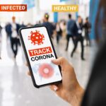 aplikacja do śledzenia koronawirusa na smartfonie mobilnym. Zbliżenie kobiety śledzenia tłumu ludzi w aplikacji na ekranie smartfona. Ręka trzyma inteligentne urządzenie. Makieta strony internetowej. Covid-19 narzędzie do śledzenia wirusa koronowego