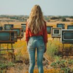 Kobieta stoi na polu starych telewizorów