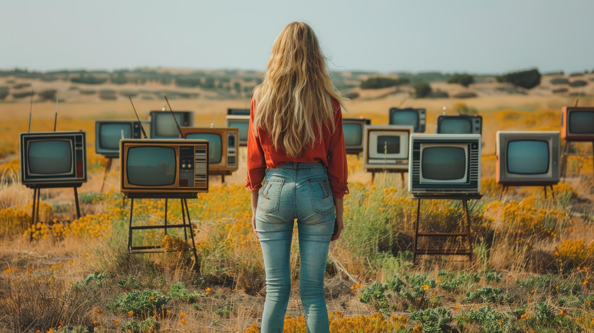 Kobieta stoi na polu starych telewizorów