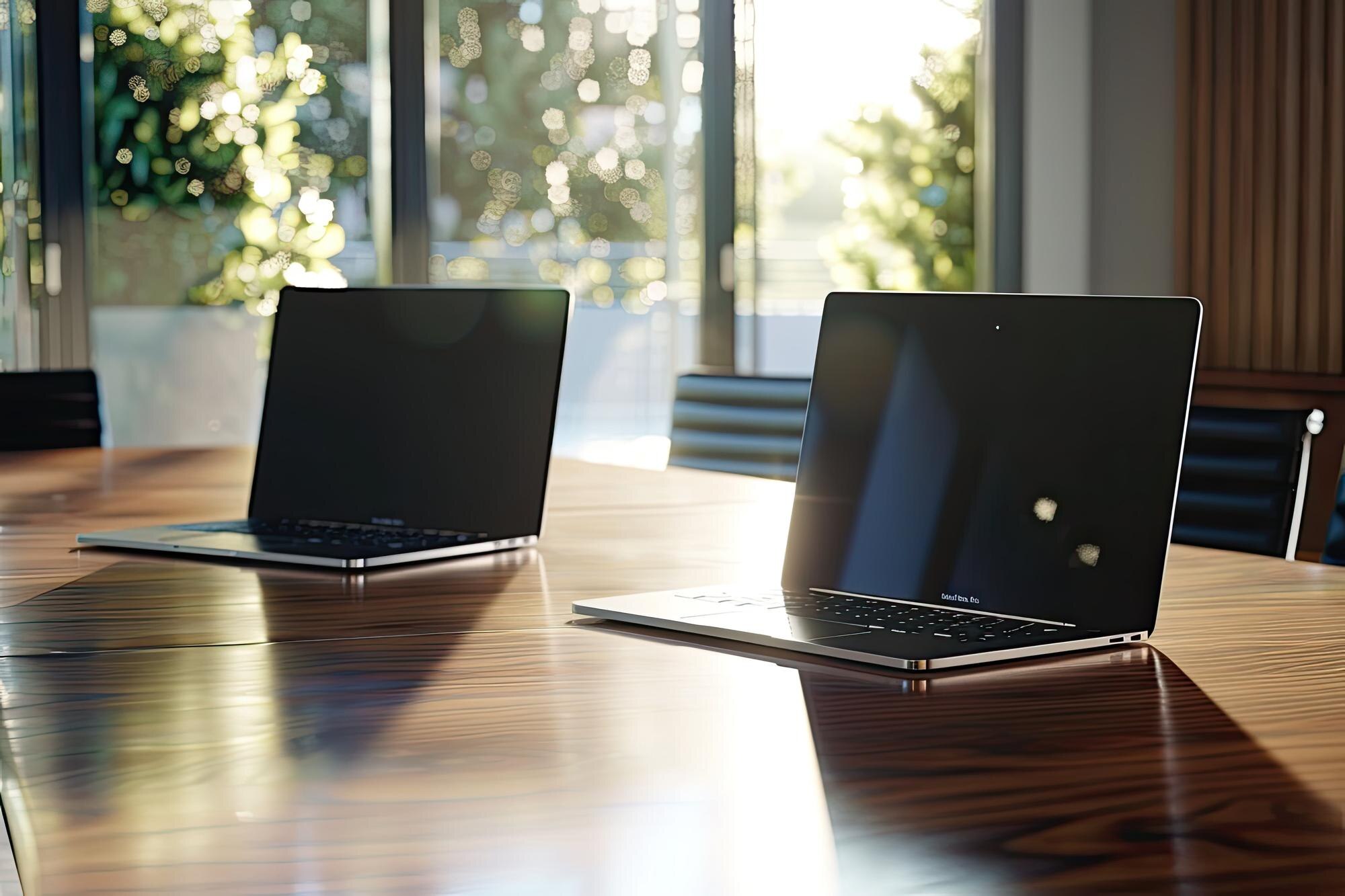 Trzy laptopy na stole konferencyjnym