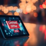 Reklamy sprzedaży cyfrowej na tabletie Ekran tabletu wyświetlający obrotowy banner reklamowy z ograniczoną ofertą czasową