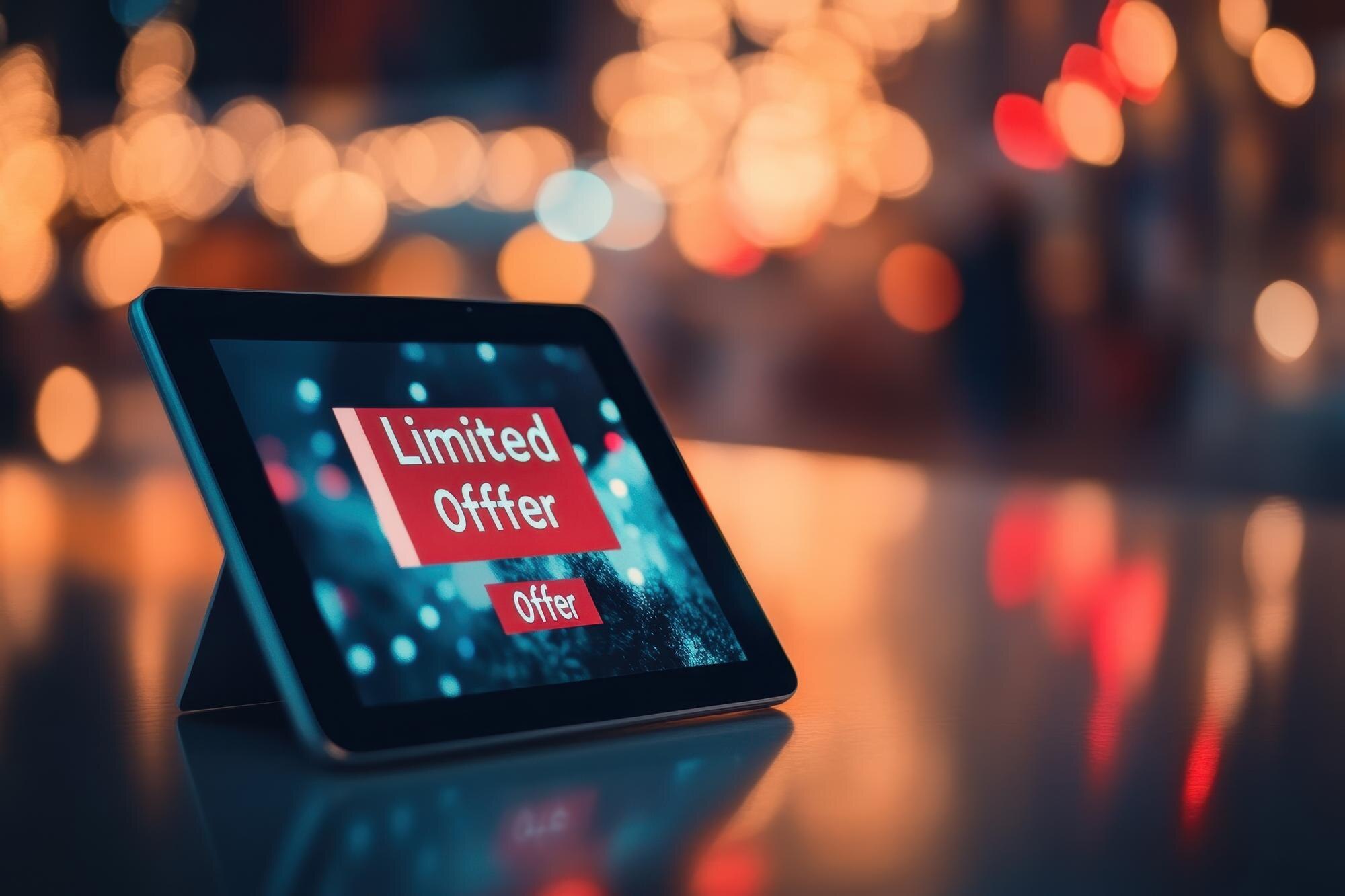 Reklamy sprzedaży cyfrowej na tabletie Ekran tabletu wyświetlający obrotowy banner reklamowy z ograniczoną ofertą czasową